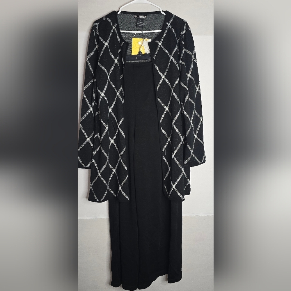 Nina Leonard Cardigan Pants Scarf 3 Piece set Size XL Black and White